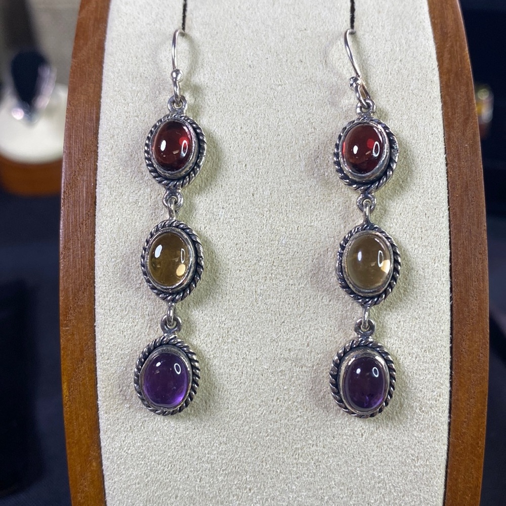 925 Dangling Garnet (2ct) citrine(2ct) &(2ct)amethyst earrings retail price $260